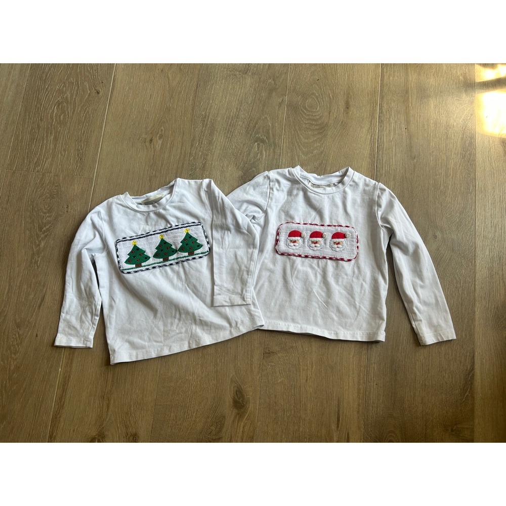 White Smocked Holiday Bundle of 2 Shirts Size 18-24 Months Christmas Tree Santa